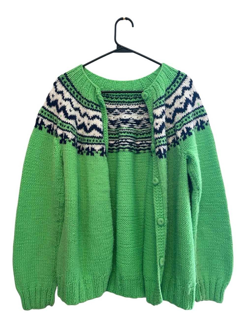Vintage 80s/90s Unbranded/Handmade Bright Green Fair Isle Button-Up Cardigan M/L